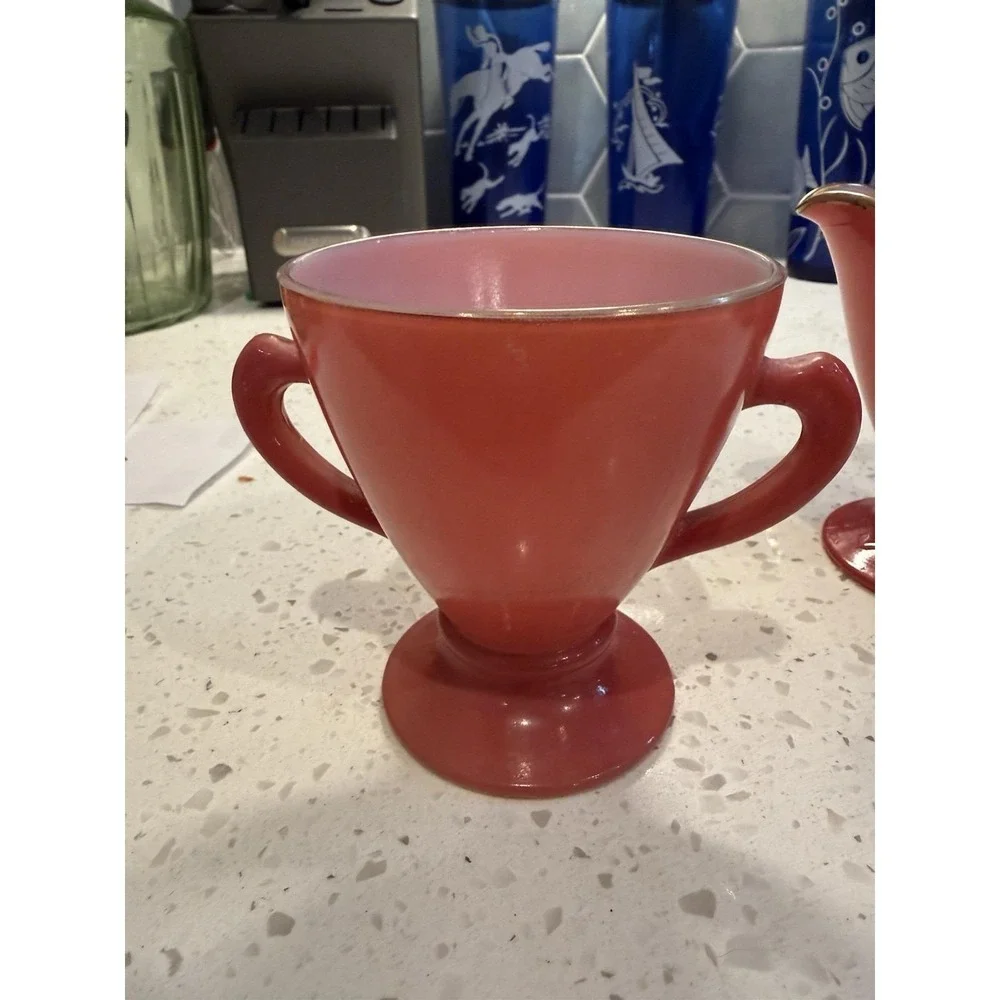 Hazel Atlas Ovide Raspberry Plum Pink Creamer And Sugar Mid Century Glass